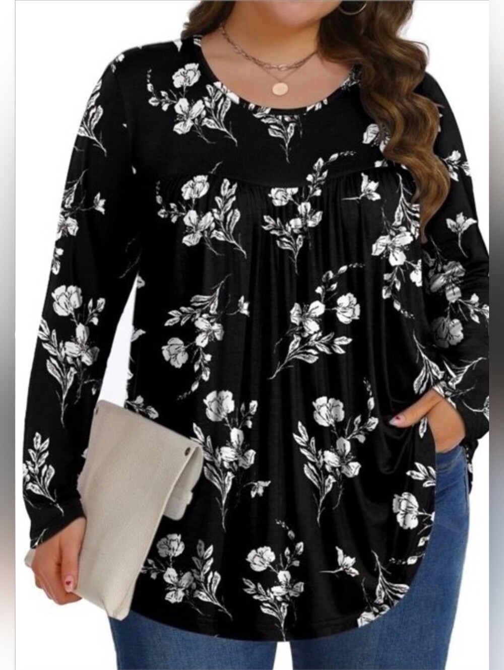 Women White & Black Floral Long Sleeve Crew Neck Paisley Boho Arsty Flowy Tunic